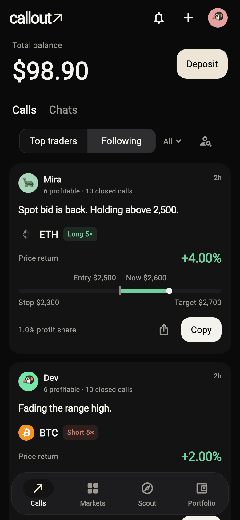 Calls from friends in Callout: an ETH long with its entry, current price and a Copy button, under your balance.